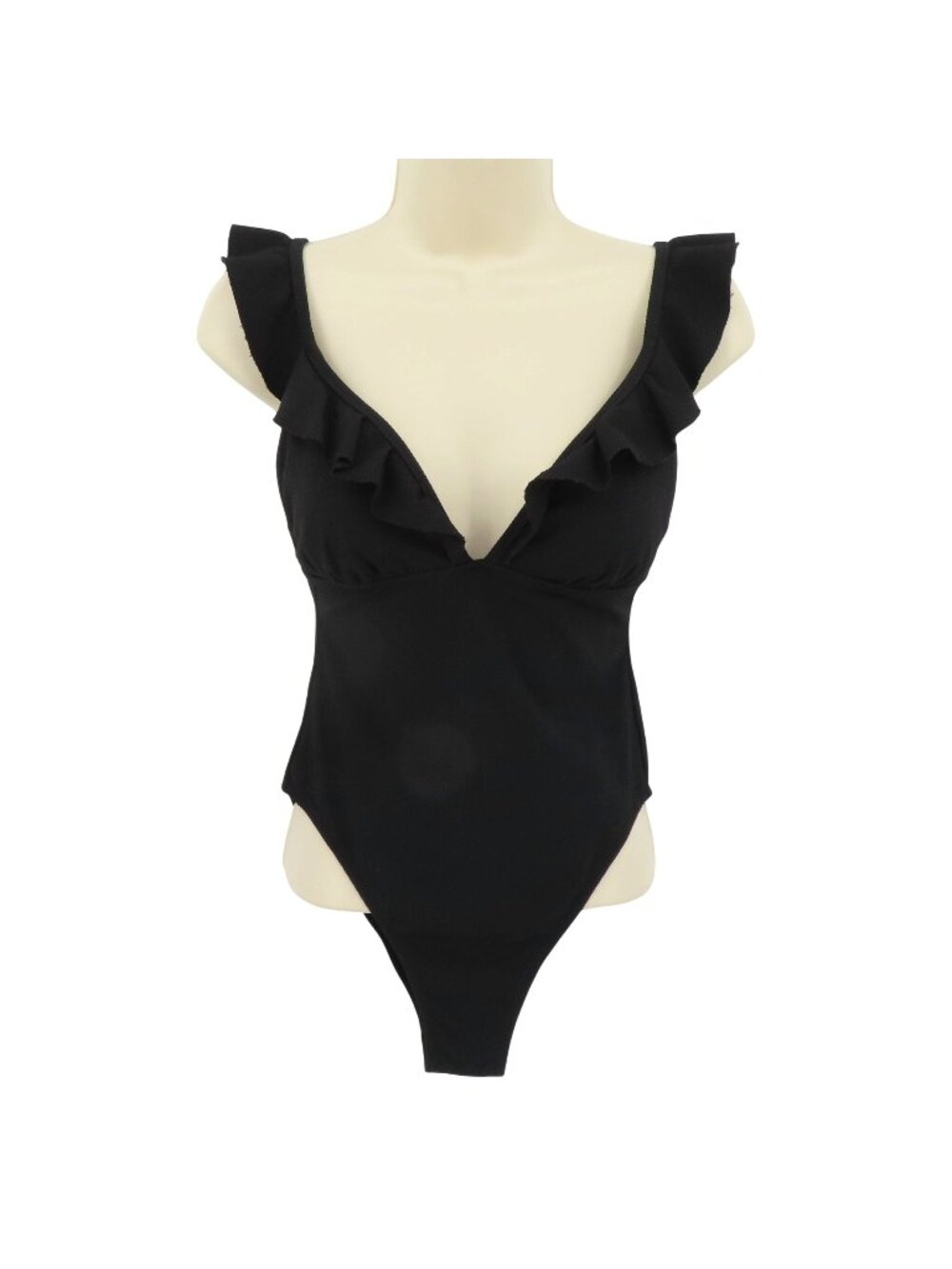 J Crew Women 2 Solid Black Puckered One Piece Swimsuit Ruffle Straps V Neck